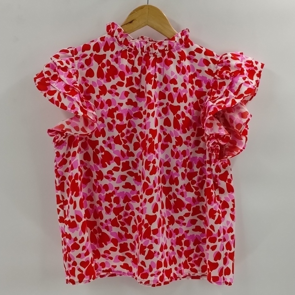 PINCH ruffle sleeve blouse large pink red print ruffle collar pull on top lined